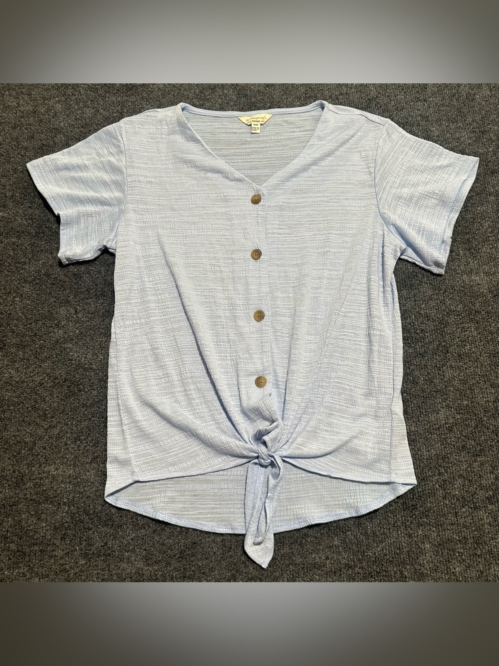 Weatherproof Light Blue Short Sleeve Tie-Front Button Top